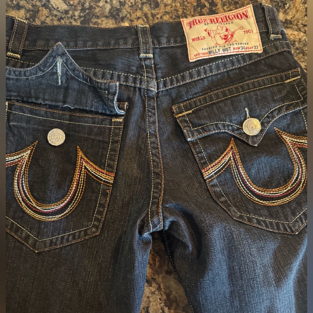 True Religion Men's Dark Blue Bootcut Jeans with Multicolor Pocket Stitching